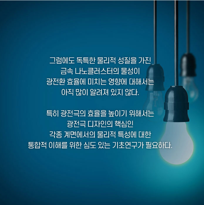 그럼에도 독특한 물리적 성질을 가진 금속 나노클러스터의 물성이 광전환 효율에 미치는 영향에 대해서는 아직 많이 알려져 있지 않다. 특히 광전극의 효율을 높이기 위해서는 광전극 디자인의 핵심인 각종 계면에서의 물리적 특성에 대한 통합적 이해를 위한 심도 있는 기초연구가 필요하다.