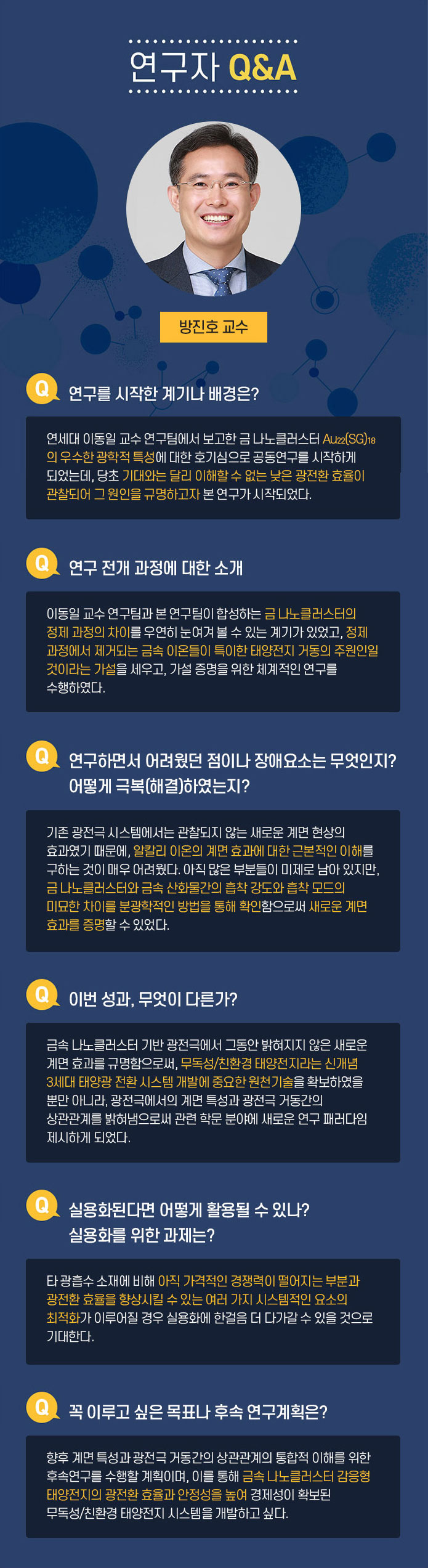 연구자 Q&A 방진호교수 Q.연구를 시작한 계기나 배경은? 연세대 이동일 교수 연구팀에서 보고한 금 나노클러스트 Au22(SG)18의 우수한 광학적 특성에 대한 호기심으로 공동연구를 시작하게 되었는데, 당초 기대와는 달리 이해할 수 없는 낮은 광전환 효율이 관찰되어 그 원인을 규명하고자 본 연구가 시작되었다. Q.연구전개과정에 대한 소개 이동일 교수 연구팀과 본 연구팀이 합성하는 금 나노ㅓ클러스터의 정제과정의 차이를 우연히 눈여겨 볼 수 있는 계기가 있었고, 정제과정에서 제거되는 금속 이온들이 특이한 태양전지 거동의 주원인일것이라는 가설을 세우고, 가설 증명을 위한 체계적인 연구를 수행하였다. Q.연구하면서 어려웠떤 점이나 장애요소는 무엇인지? 어떻게 극복(해결)하였는지? 기존 광전극 시스템에서는 관찰되지 않는 새로운 계면현상의 효과였기 때문에, 알칼리 이온의 계면효과에 대한 근본적인 이해를 구하는 것이 매우 어려웠따. 아직 많은 부분들이 미제로 남아있지만, 금 나노클러스터와 금속 산화물간의 흡착 강도와 흡착모드의 미묘한 차이를 분광학적인 방법을 통해 확인함으로써 새로운 계면효과를 증명할 수 있있다. Q. 이번 성과, 무엇이 다른가? 금속 나노클러스터 기반 광전극에서 그동안 밝혀지지 않은 새로운 계면효과를 규명함으로써, 무독성/친환경 태양전지라는 신개념을 3세대 태양광 전환 시스템 개발에 중요한 원천기술을 확보하였을 뿐만 아니라 , 광전극에서의 계면 특성과 광전극 거동간의 상관관계를 밝혀냄으로써 관련 학ㅁ누 분야에 새로운 연구 패러다임을 제시하게 되었다. Q.실용화 된다면 어떻게 활용될 수 있나? 실용화를 위한 과제는? 타 광흡수 소재에 비해 아직 가격적인 경쟁력이 떨어지는 부분과 광전환 효율을 향상시킬 수 있는 여러가지 시스템적인 요소의 최적화가 이루어질 경우 실용화에 한걸음 더 다가갈수 잇을 것으로 기대한다. Q.꼭 이루고 싶은 목표나 후속 연구계획은? 향후 계면 특성과 광전극 거동간의 상관관계의 통합적 이해를 위한 후속연구를 수행할 계획이며, 이를 통해 금속 나노클러스터 감응형 태양전지의 광전환 효율과 안정성을 높여 경제성이 확보된 무독성/친환경 태양전지 시스템을 개발하고 싶다. 