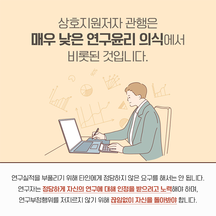 상호지원저자 관행은 매우 낮은 연구윤리 의식에서 비롯된 것입니다. 연구실적을 부풀리기 위해 타인에게 정당하지 않은 요구를 해서는 안됩니다. 연구자는 정당하게 자신의 연구에 대해 인정을 받으려고 노력해야 하며, 연구부정행위를 저지르지 않기 위해 끊임없이 자신을 돌아봐야 합니다. 
